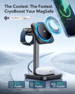 ESR Qi2 3 in 1 Charging Station with CryoBoost, [Certified] Phone-Cooling Wireless Charger, 15W Qi2 MagSafe Charger Stand for iPhone16/15/14/13/12 Series, AirPods 4/3/Pro/Pro 2, Apple Watch, Black - Image 3