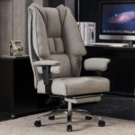 Big and Tall Office Chair 400lbs Wide Seat, Leather High Back Executive Office Chair with Foot Rest, Ergonomic Chairs Lumbar Support for Lower Back Pain Relief (Light Grey) - Image 2