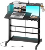 Dripex Mobile Standing Desk with Power Outlets & Strip Lights, Rolling Computer Desk with Cup Holder, Hook, Storage Bag, Adjustable Height Laptop Desk with Wheels, Small Standing Desk Drawing Desk - Image 2