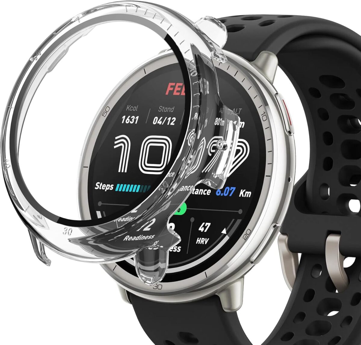 (1 Pack) Orzero Watch Case Compatible for Amazfit Active 2, Protective PC Frame Face Cover Built-in Tempered Glass Screen Protector, Scratch Resistant Shock Absorbing - Crystal Clear - Image 2
