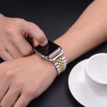 baozai Compatible with Apple Watch Band Ultra 2 Ultra 46mm 45mm 44mm, iWatch Series 10-1 SE Stainless Steel Strap with Butterfly Folding Clasp for Men, Silver/Gold - Image 5