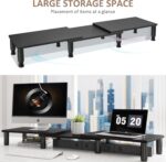 Dual Monitor Riser, Adjustable Height Steel Leg Wooden Stand with Storage Space - Black - Image 4