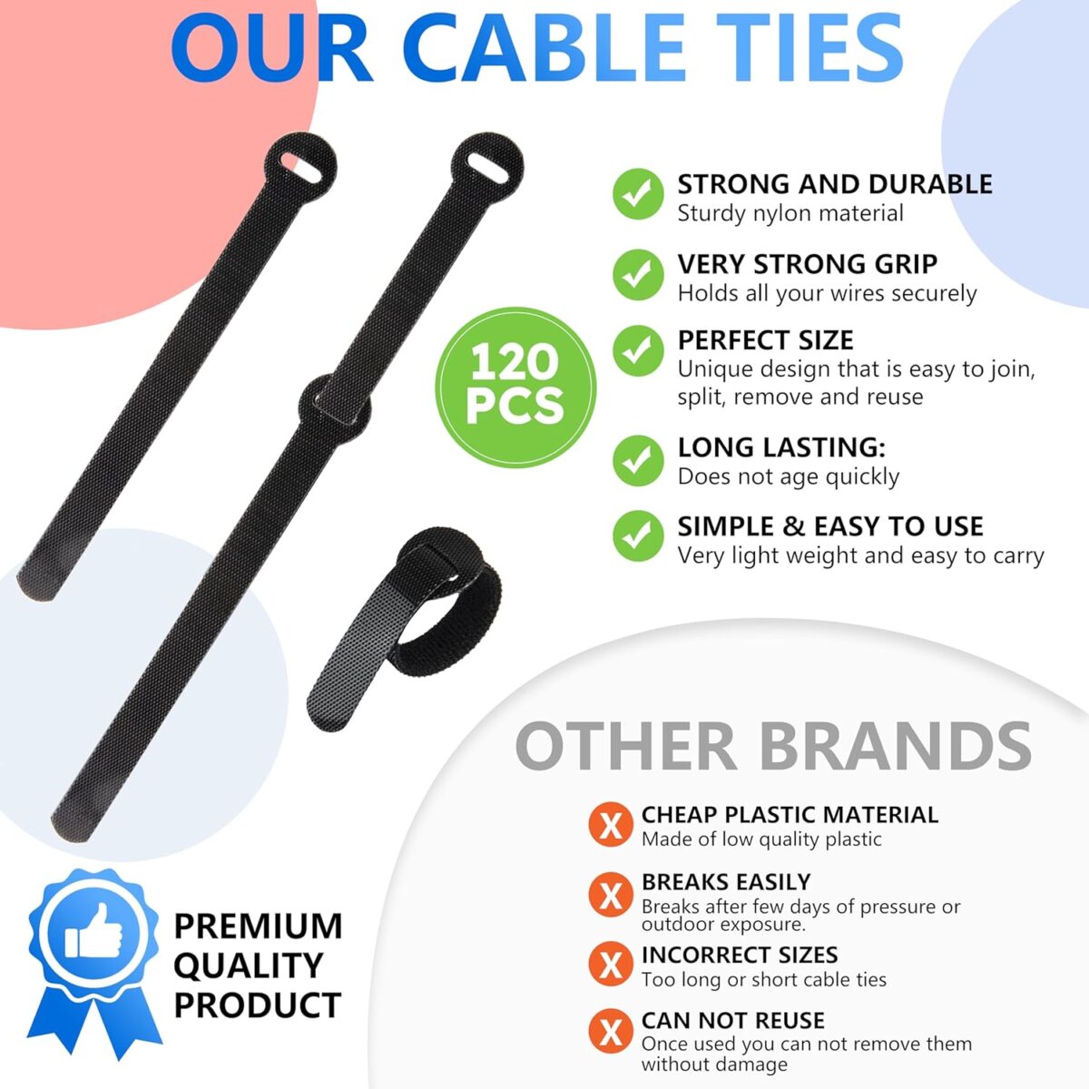 120 PCS Wire Organizers for Cords, 5+6+8 inch Wire Management Ties Reusable Multi Size Cord Wraps Black, Adjustable Cable Ties - Image 4