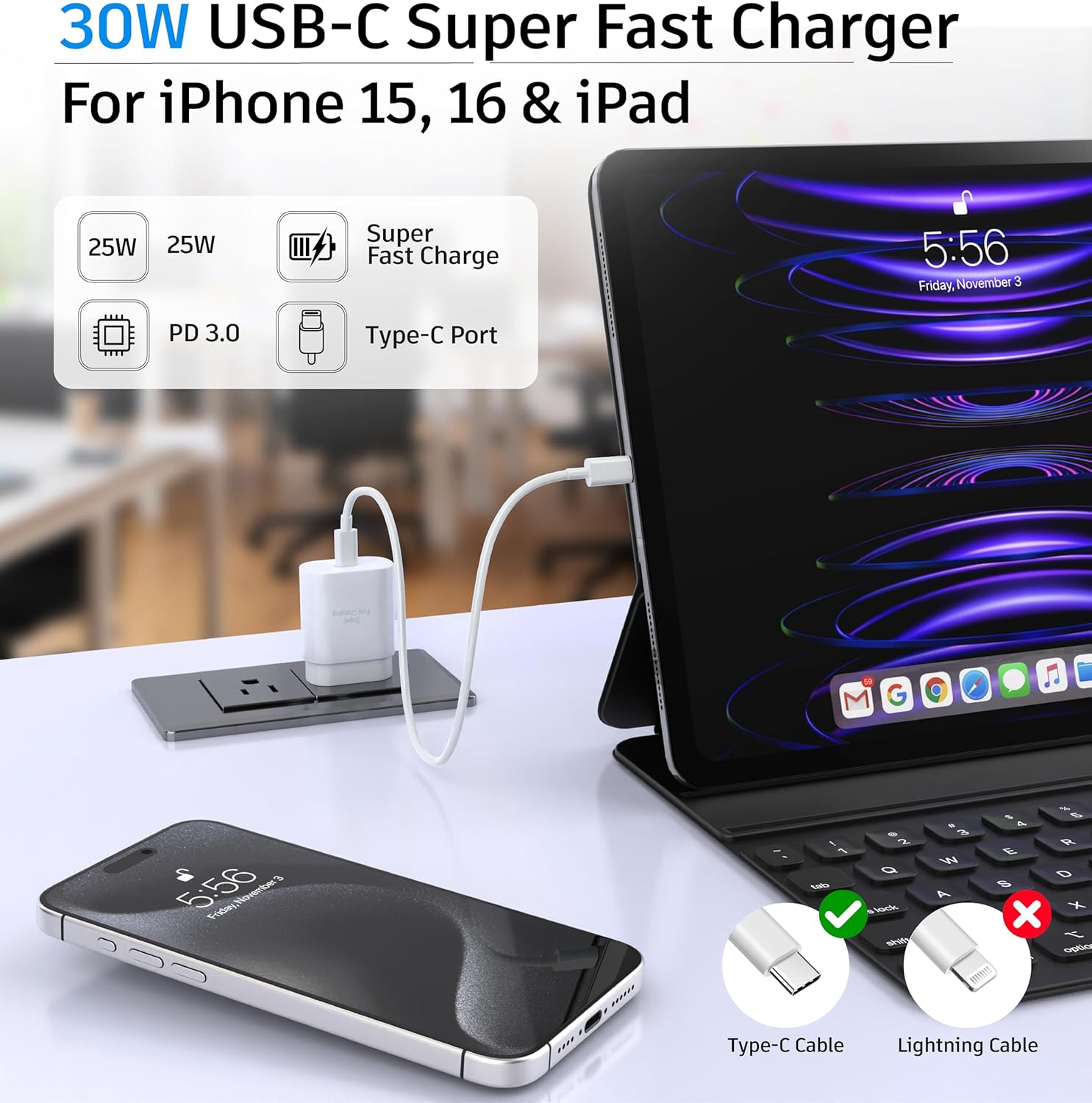 iPhone 15 16 Charger, 30W Super Fast Charging, USB C Block Type C Cable Cord [ 6.6ft + 10ft ] for iPhone 16,16 Plus,16 Pro,16 Pro Max, iPhone15, iPad Pro 12.9/11, Galaxy S25, S24,S23-2Pack - Image 5