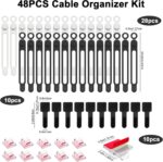48Pcs Cord Organizer Kit, Reusable Silicone Cable Ties, Strong Adhesive Cable Clips for Cable Management, Multipurpose Wire Management for Bundling and Fastening Various Wires (Black, White) - Image 4