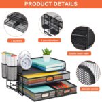 Marbrasse 3 Tier Mesh Desk Organizer with Drawer, Multi-Functional Desk Organizers and Accessories, Paper Letter Organizer with 2 Pen Holder for Home Office Supplies (Black) - Image 4