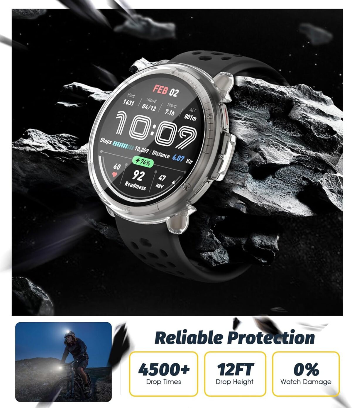 (1 Pack) Orzero Watch Case Compatible for Amazfit Active 2, Protective PC Frame Face Cover Built-in Tempered Glass Screen Protector, Scratch Resistant Shock Absorbing - Crystal Clear - Image 3