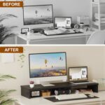 Dual Monitor Stand Riser, Large Computer Monitor Stand for Desk, Monitor Riser for 2 Monitors, Wood Desk Shelf for Top of Desk, Desktop Organizer for Computer, Laptop, Printer, TV - Image 4