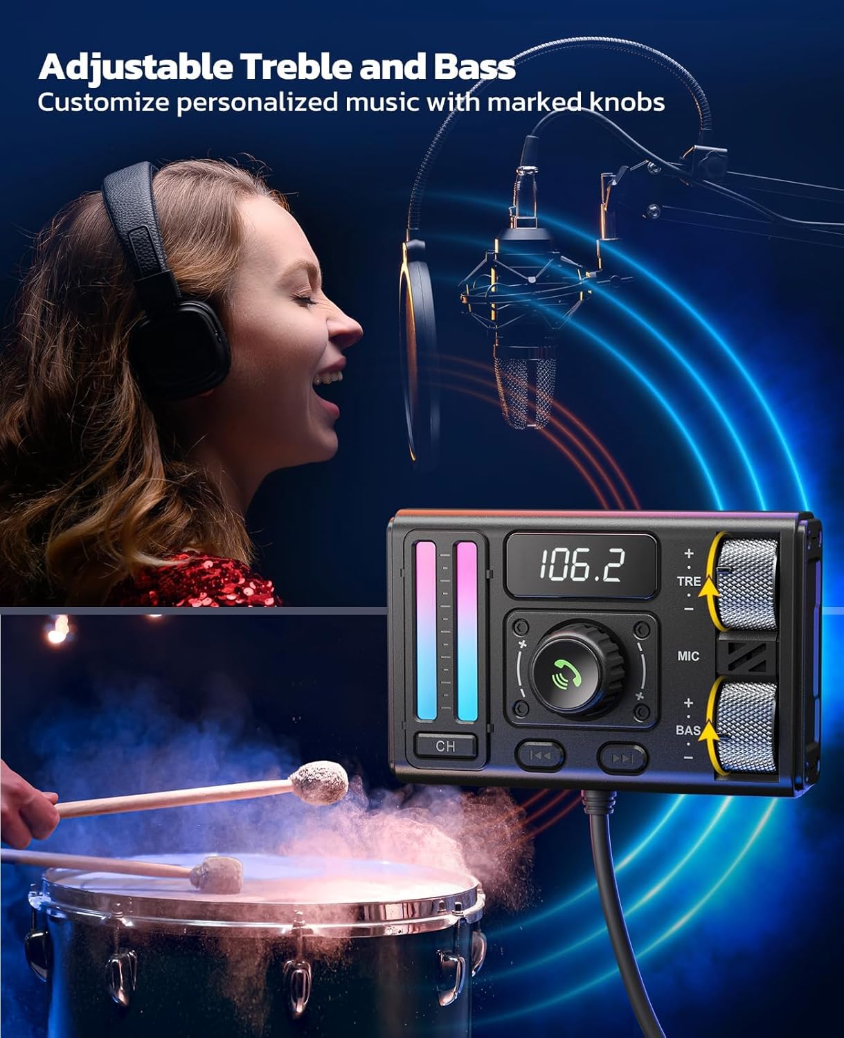 Nulaxy Bluetooth 5.3 Car Adapter with Air Vent Installation & DSP Noise Cancellation, QC3.0 & Type-C PD Car Charger Wireless FM Radio Transmitter Supports Bass & Treble Boost - Image 3