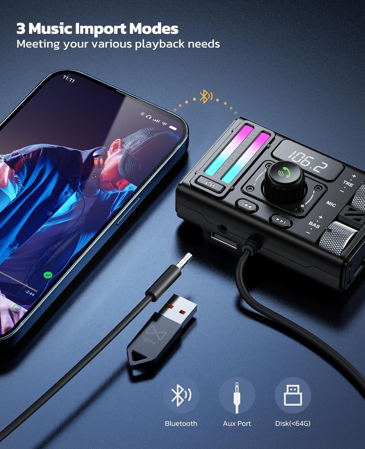 Nulaxy Bluetooth 5.3 Car Adapter with Air Vent Installation & DSP Noise Cancellation, QC3.0 & Type-C PD Car Charger Wireless FM Radio Transmitter Supports Bass & Treble Boost - Image 6