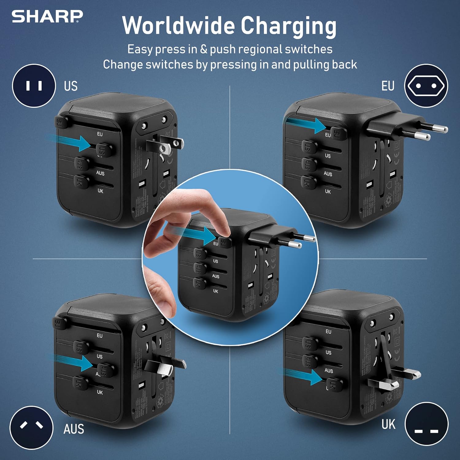 SHARP Universal Travel Adapter International Wall Charger Worldwide AC Plug Adaptor with 3 USB-A and 1 USB Type-C for USA EU UK AUS (Black) - Image 3