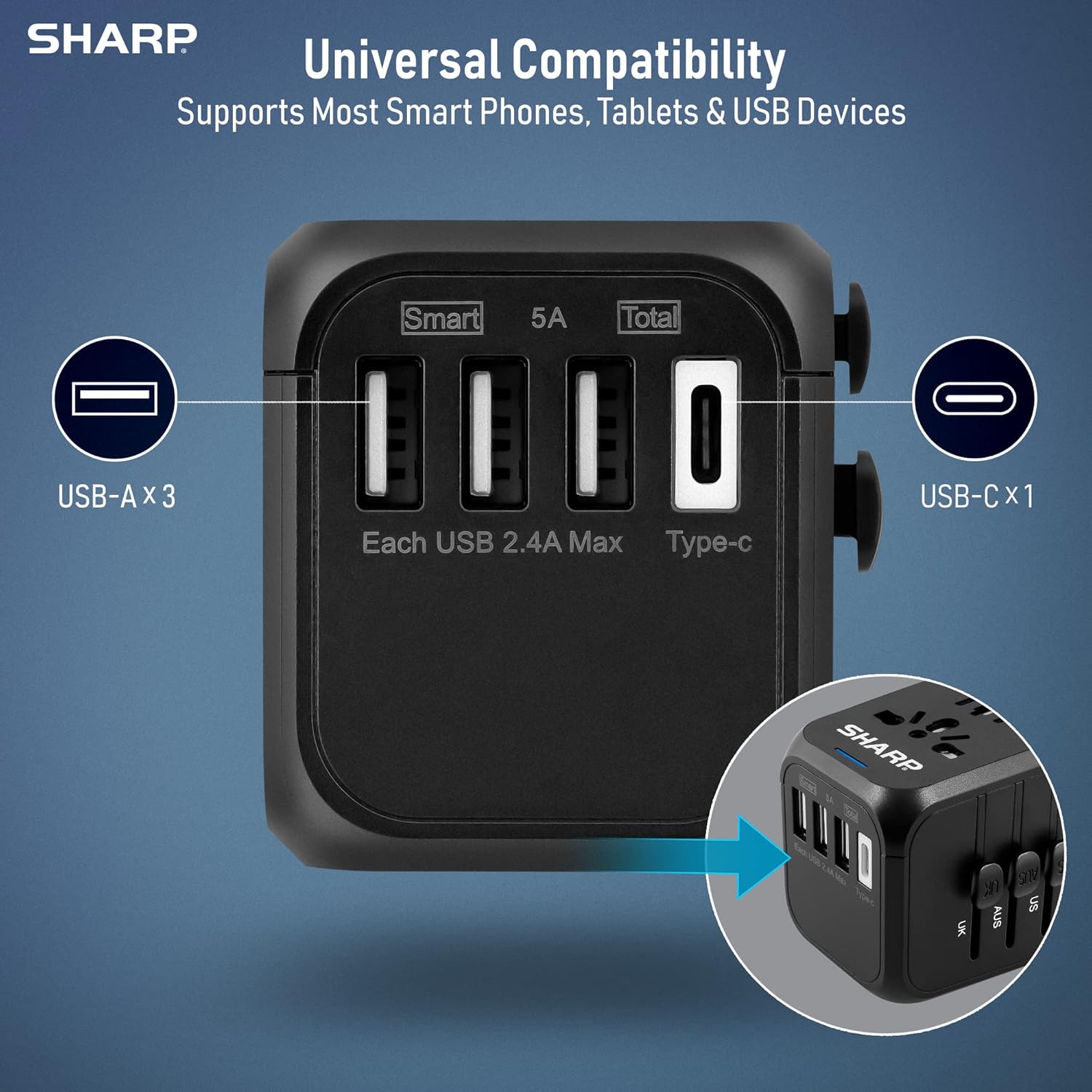 SHARP Universal Travel Adapter International Wall Charger Worldwide AC Plug Adaptor with 3 USB-A and 1 USB Type-C for USA EU UK AUS (Black) - Image 6