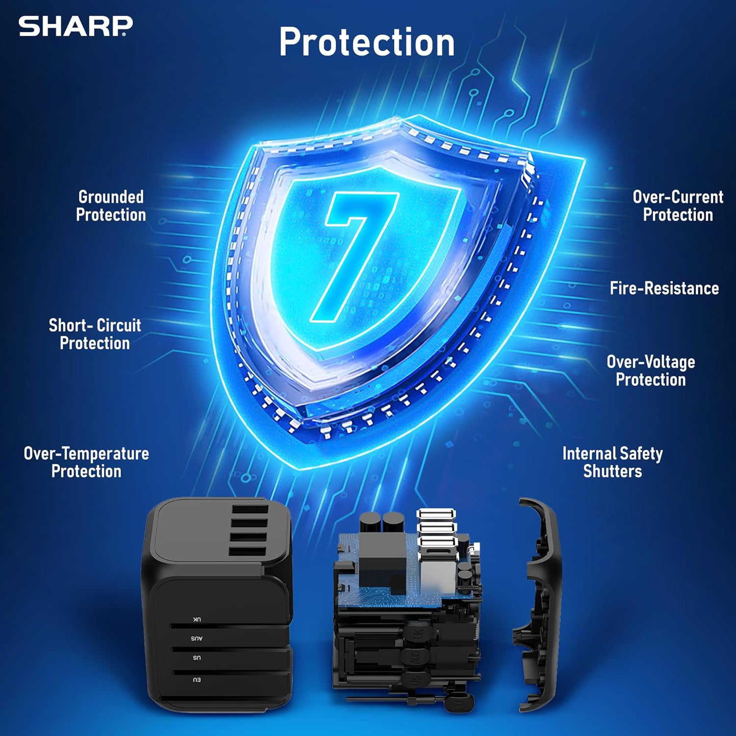 SHARP Universal Travel Adapter International Wall Charger Worldwide AC Plug Adaptor with 3 USB-A and 1 USB Type-C for USA EU UK AUS (Black) - Image 7