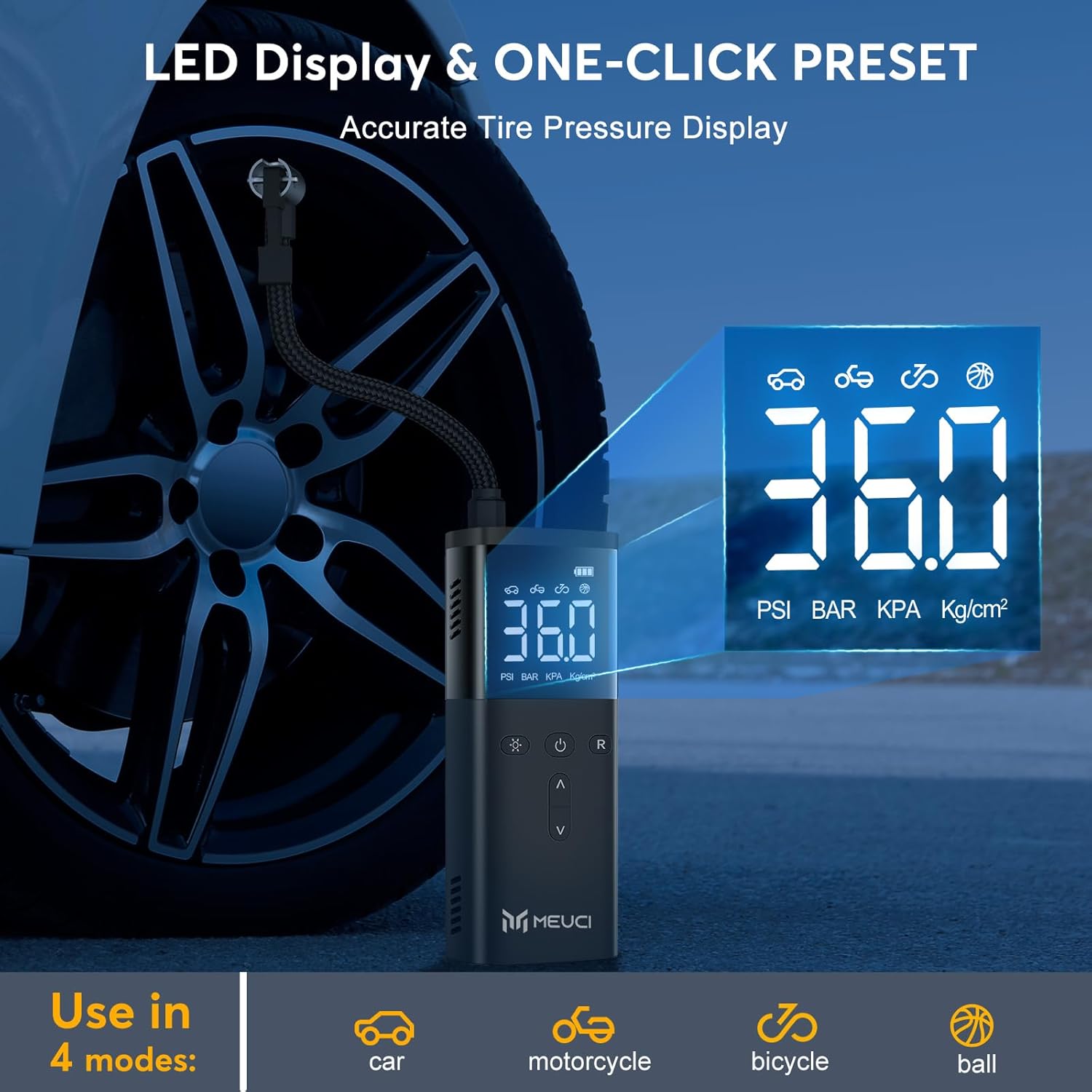 Tire Inflator Portable Air Compressor - Cordless Air Pump for Car Tires with 15000mAh Battery, 150PSI Electric Bike Tire Pump with Digital Pressure Gauge for Auto, Motorcycle, Bicycle, Balls - Image 6