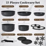 15Pcs Pots and Pans Set Non Stick, Cookware Sets with Detachable Handle, Nonstick RV Kitchen Cooking Tools Removable Handles, Oven Safe, Induction Fast, Stackable Induction Cookware,Black - Image 3