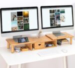 Dual Monitor Stand Riser with Drawer for Desk Laptop Desk Shelf with Adjustable Length and Angle, Bamboo Computer Stand Riser for 2 or 3 Monitors Screen Laptop PC TV -Natural - Image 3