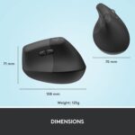 Logitech Lift Vertical Ergonomic Mouse, Wireless, Bluetooth or Logi Bolt USB receiver, Quiet clicks, 4 buttons, compatible with Windows/macOS/iPadOS, Laptop, PC - Graphite - Image 8