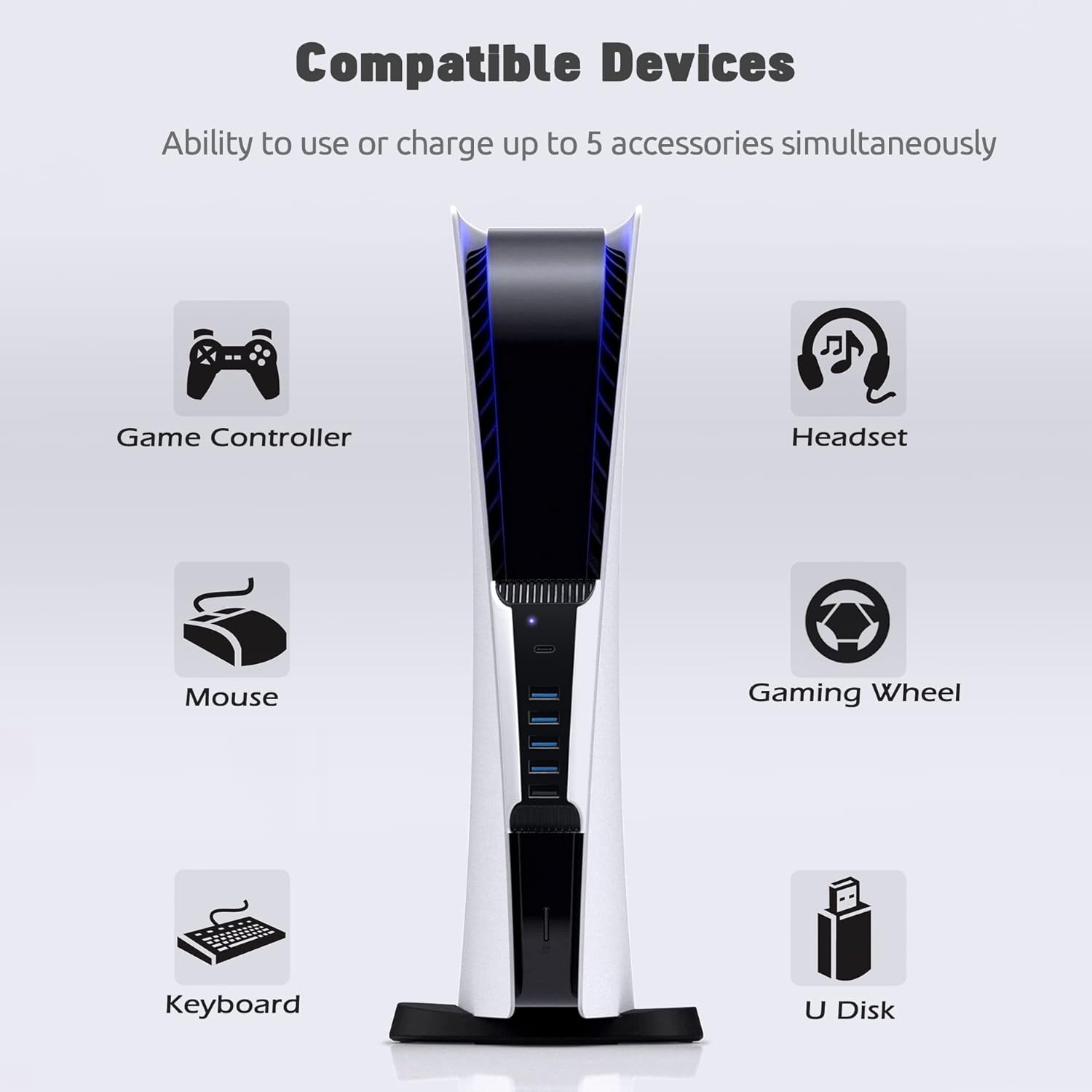 5 Port USB Hub for PS5,USB High-Speed Expansion Hub Charger USB Extender Compatible with PlayStation 5 Game Consolewith 4 USB + 1 USB Charging Port + 1 Type C Port - Image 4