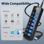 USB Hub 3.0 Powered, 7 Ports USB Data Hub Splitter with One Smart Charging Port and 5V/4A Powered Adapter and ON/Off Switches for MacBook, Mac Pro/Mini, iMac, Surface Pro Laptop/PC - Image 6