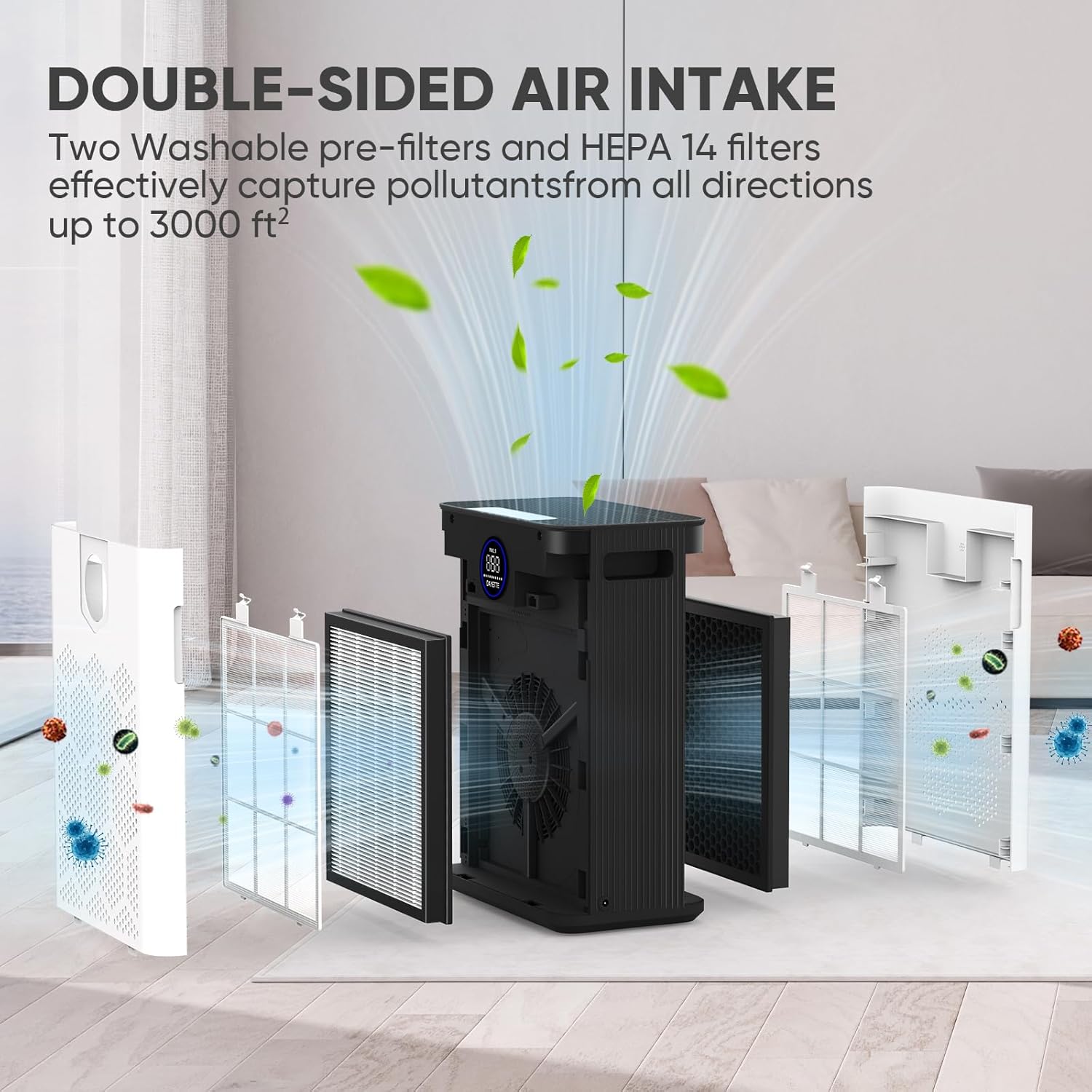 Air Purifiers for Home Large Room, H14 True HEPA Filter up to 3000 Sq Ft, Double-sided Air Inlet with PM 2.5 Display Air Quality Sensor, Remove 99.997% of Pet Hair Odor, 22dB Sleep Mode - Image 5