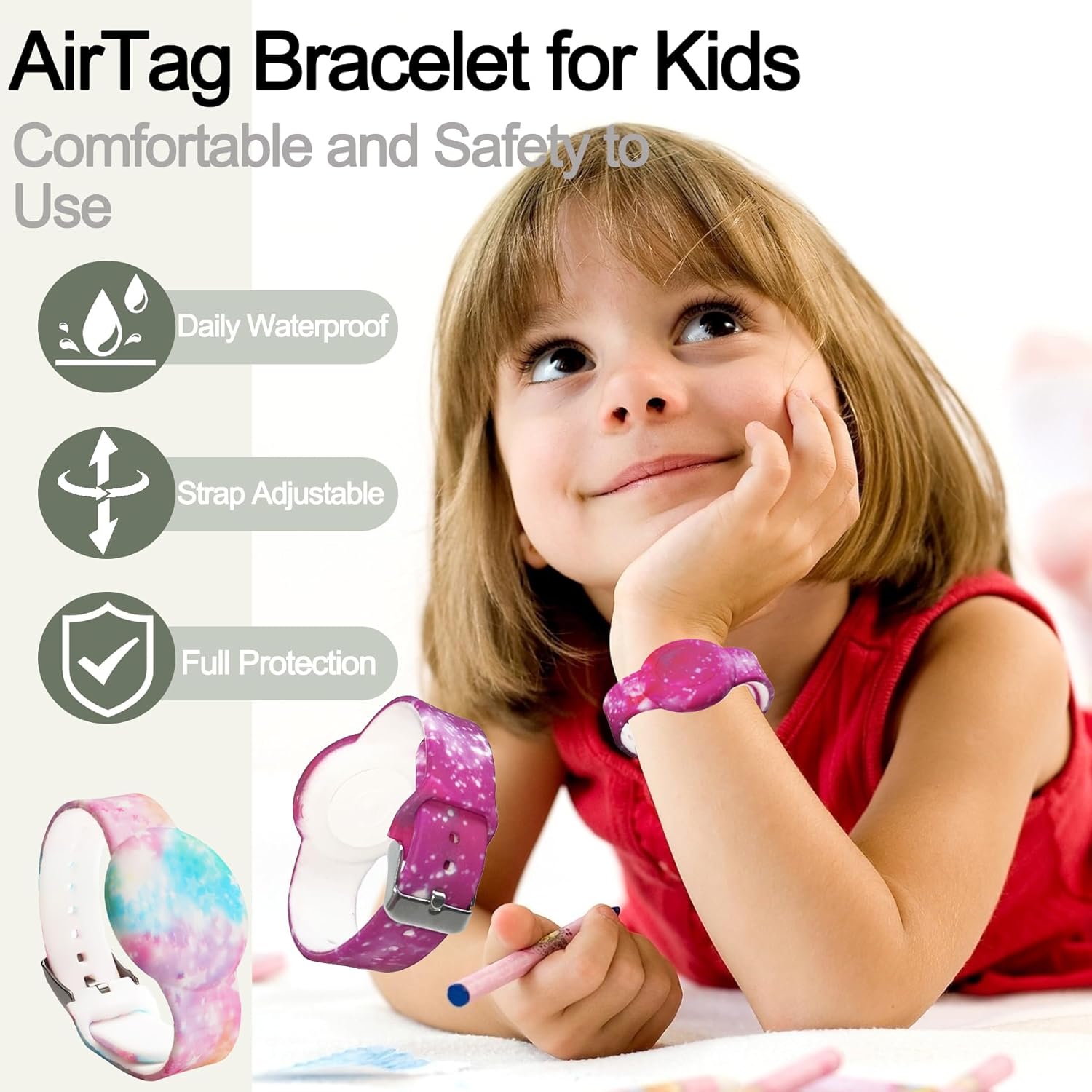 4 Pack Waterproof AirTag Bracelet for Kids, Hidden Printed Wristband for Apple Air Tag, Silicone AirTag Holder GPS Tracker Case for Band for Child Toddler, Secure Anti-Lost Protection - Image 3