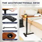 Pneumatic Adjustable Bedside Table, Compact Rolling Laptop Table with 360° Hidden Casters and Built-in Cup Holder, Medical Mobile Bed Desk for Home & Hospital Use - Image 3