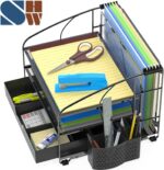 Simple Houseware 3-Tier Desk Organizer with Sliding Drawer, Hanging File Holder and Pen Holder Accessory, Black - Image 3