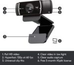 Logitech C922 Pro Stream Webcam 1080P Camera for HD Video Streaming & Recording 720P at 60Fps with Tripod Included (Renewed) - Image 7
