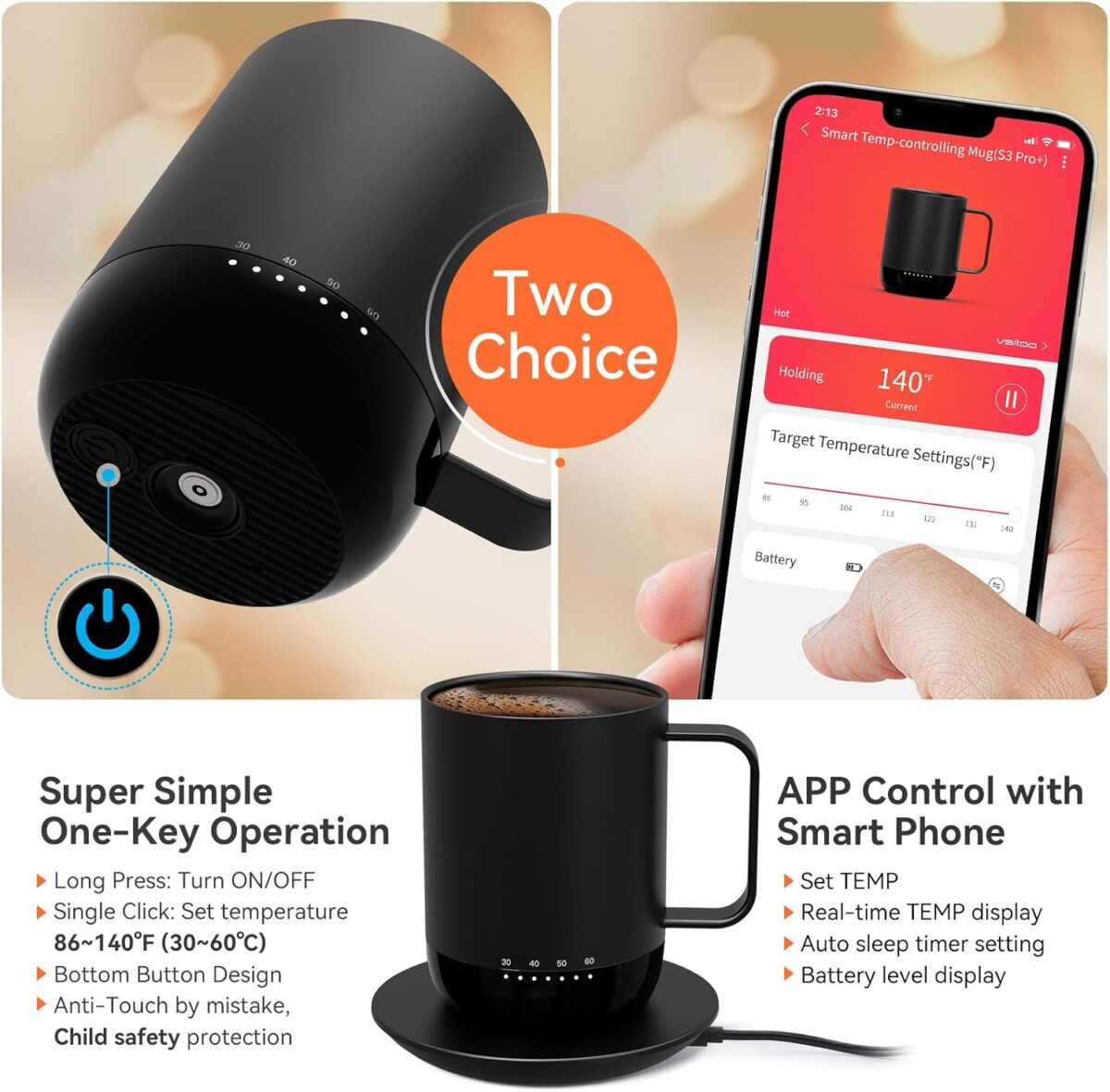 vsitoo S3PRO Rechargeable Heated Coffee Mug, 14oz, Self Heating with Lid and Spoon, APP & Manual Controlled, Smart Mug Warmer with 90 Min Battery Life, Black - Image 3