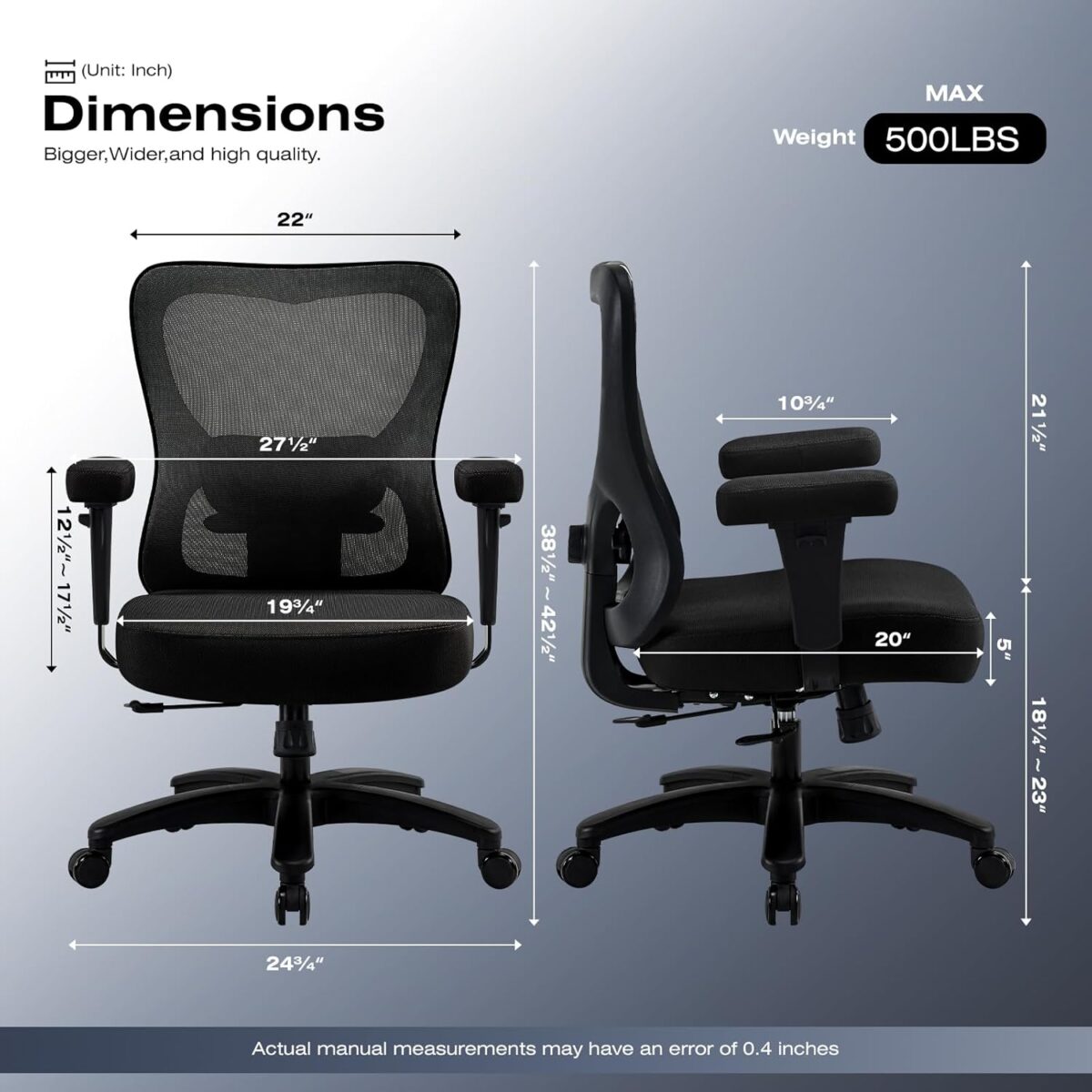 Ergonomic Office Chair with Adjustable Lumbar Support，Big and Tall Desk Chair 500lbs with Wider Thicker Seat Cushion 2D Armrest, Computer Reclining Mesh Chairs, Black - Image 3