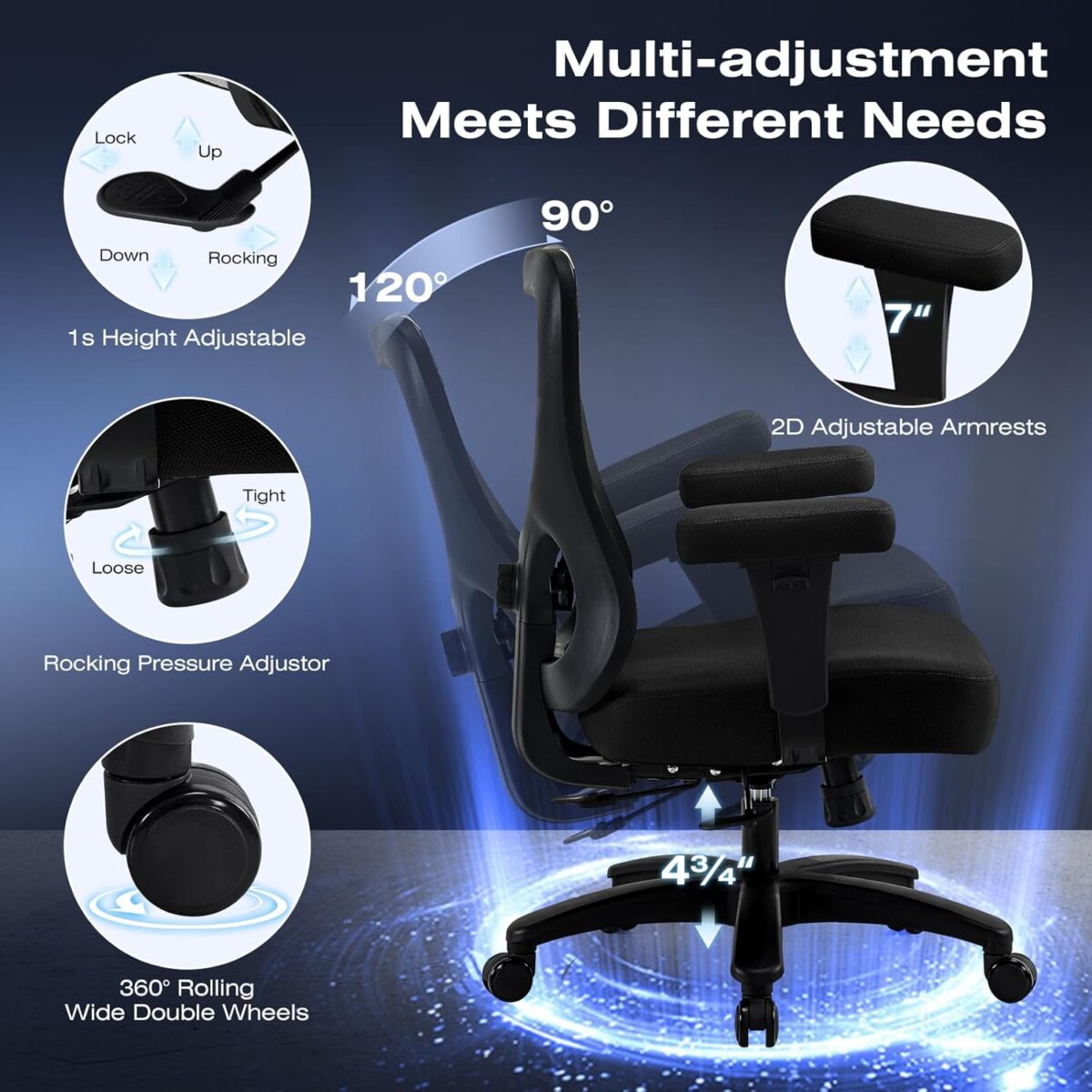 Ergonomic Office Chair with Adjustable Lumbar Support，Big and Tall Desk Chair 500lbs with Wider Thicker Seat Cushion 2D Armrest, Computer Reclining Mesh Chairs, Black - Image 6