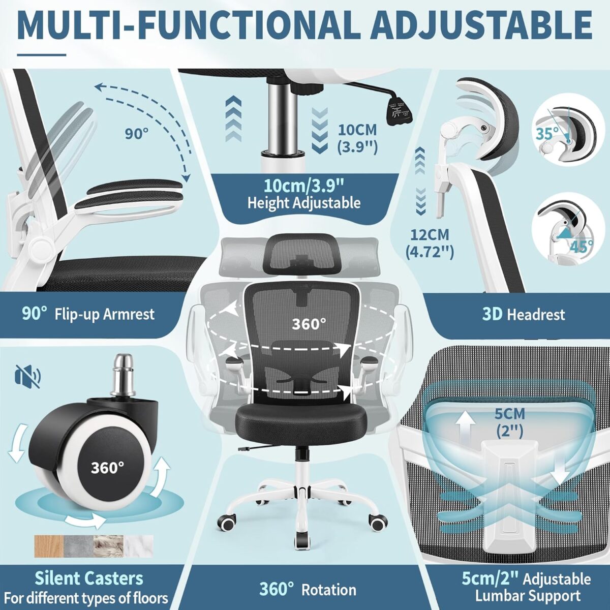 FelixKing Ergonomic Office Chair, Headrest Desk Chair with Adjustable Lumbar Support, Home Office Swivel Task Chair with High Back and Armrest, Adjustable Height Gaming Chair (White) - Image 8