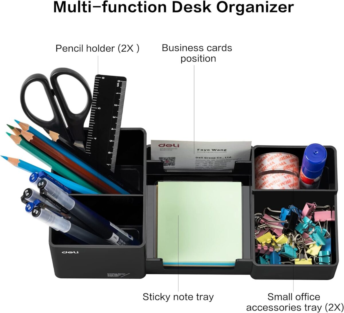 deli Desk Organizer, Plastic Desktop Organizer with Pencil Holder and Sticky Note Tray, Office Stationery Supplies Organizers Accessories Caddy, 6 Compartments, Black - Image 4