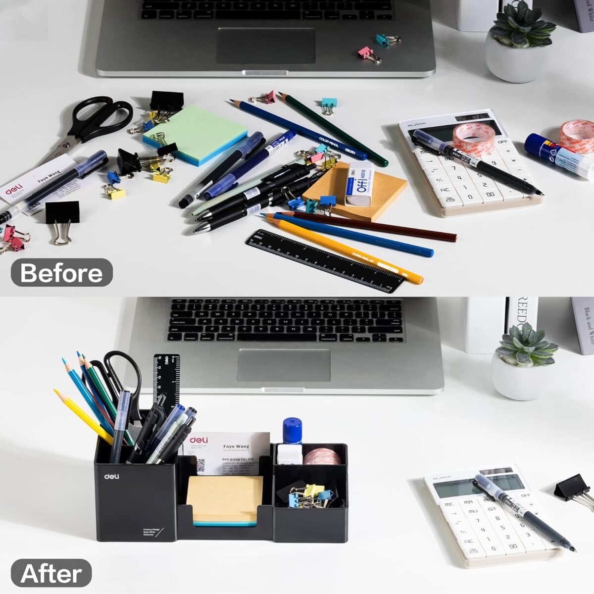 deli Desk Organizer, Plastic Desktop Organizer with Pencil Holder and Sticky Note Tray, Office Stationery Supplies Organizers Accessories Caddy, 6 Compartments, Black - Image 7