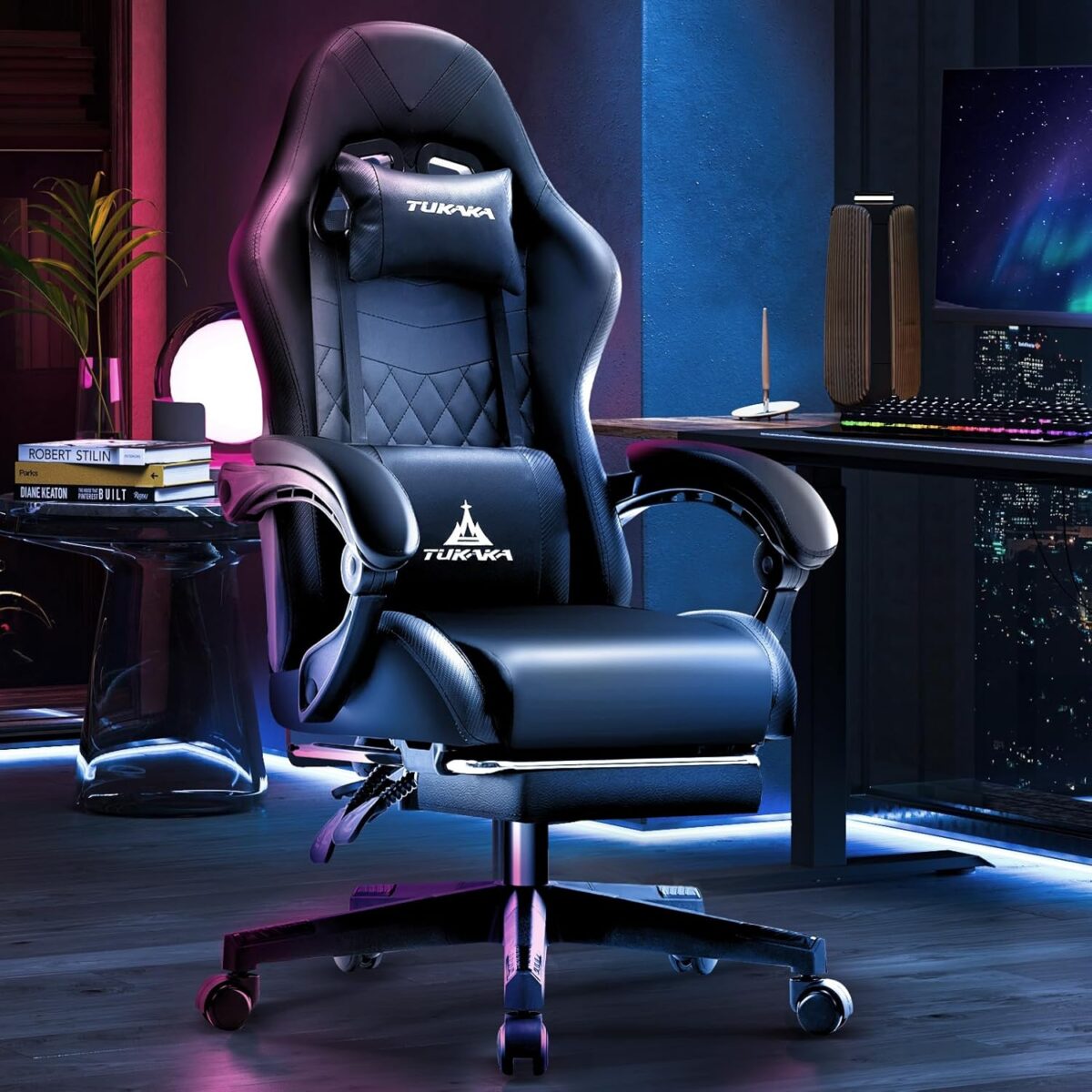 Gaming Chair,Ergonomic Massage Computer Office Desk Chair with Footrest,Pocket Spring Cushion,Reclining Leather Adjustable Gamer Chair with Headrest and Lumbar Support,Black - Image 3