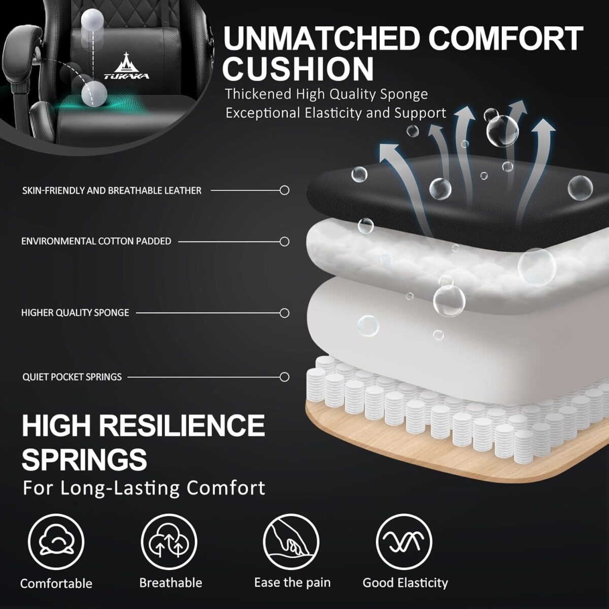Gaming Chair,Ergonomic Massage Computer Office Desk Chair with Footrest,Pocket Spring Cushion,Reclining Leather Adjustable Gamer Chair with Headrest and Lumbar Support,Black - Image 5