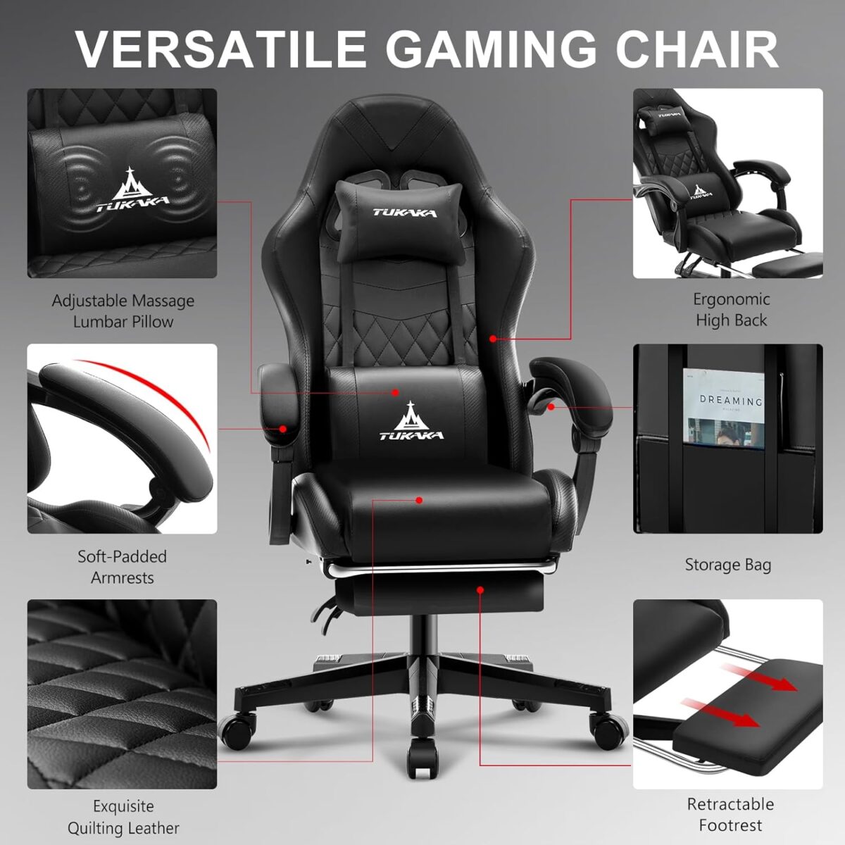 Gaming Chair,Ergonomic Massage Computer Office Desk Chair with Footrest,Pocket Spring Cushion,Reclining Leather Adjustable Gamer Chair with Headrest and Lumbar Support,Black - Image 6