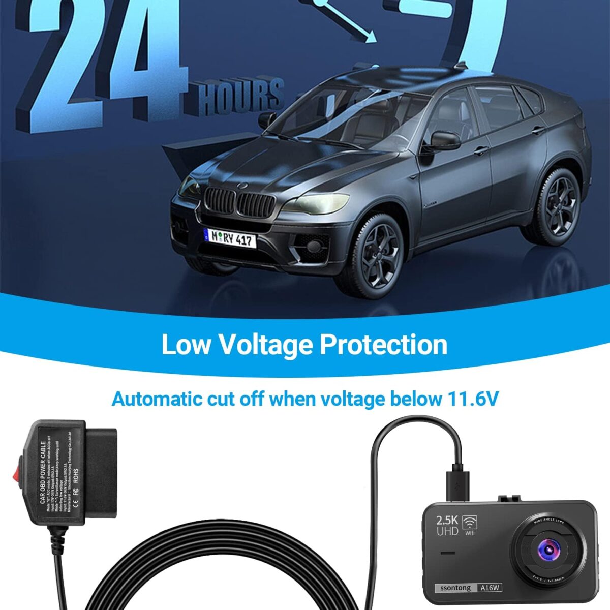 ssontong Upgraded OBD2 OBD Power Cable for Dash Camera, OBD to Type-C USB OBDII Adapter Hardwire Charger Cable 24 Hours Surveillance and Acc Two Mode with Switch Button (Type-C USB Port) - Image 4