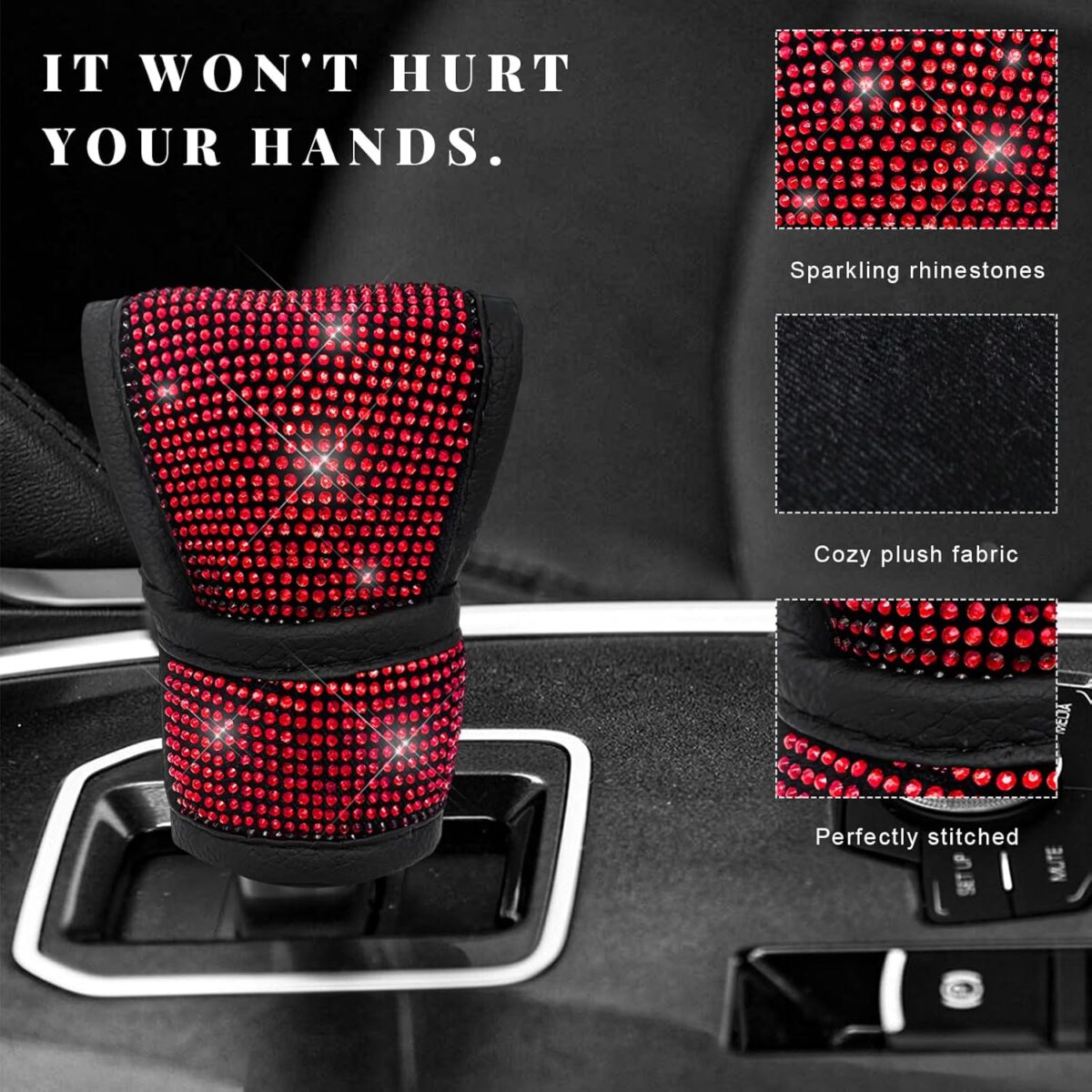 Bling Auto Gear Shift Knob Cover, Rhinestone Glitter Shifter Stick Protector for Girls Women, Sparkly Diamond Transmission Gear Shift Lever Knob Cover for Cars Trucks SUVs (Red) - Image 4