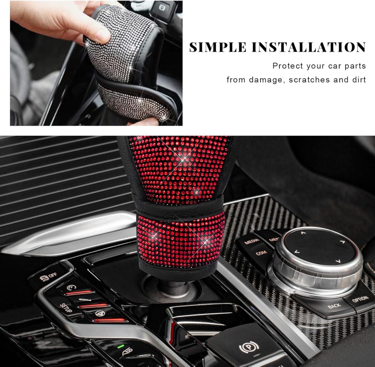 Bling Auto Gear Shift Knob Cover, Rhinestone Glitter Shifter Stick Protector for Girls Women, Sparkly Diamond Transmission Gear Shift Lever Knob Cover for Cars Trucks SUVs (Red) - Image 7