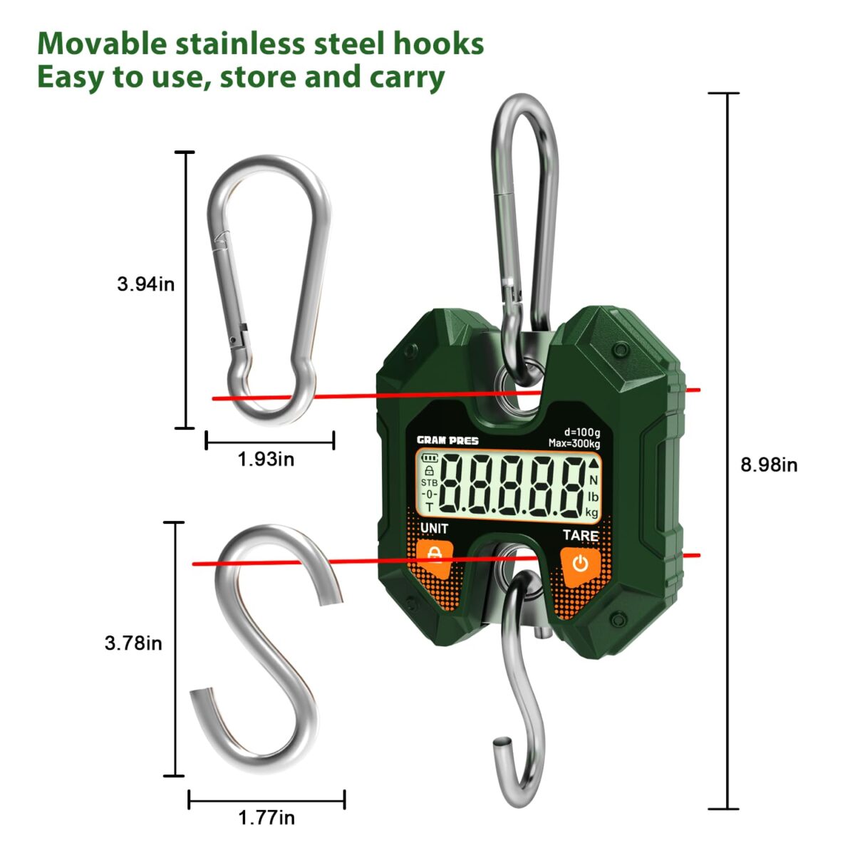 Digital Hanging Scale 660LB/300KG,Handheld Mini Crane Scale,Deer Hunting Scales,Digital Luggage Scale with Hooks for Farm，Fishing, Fish, Meat，Game,Outdoor. - Image 5
