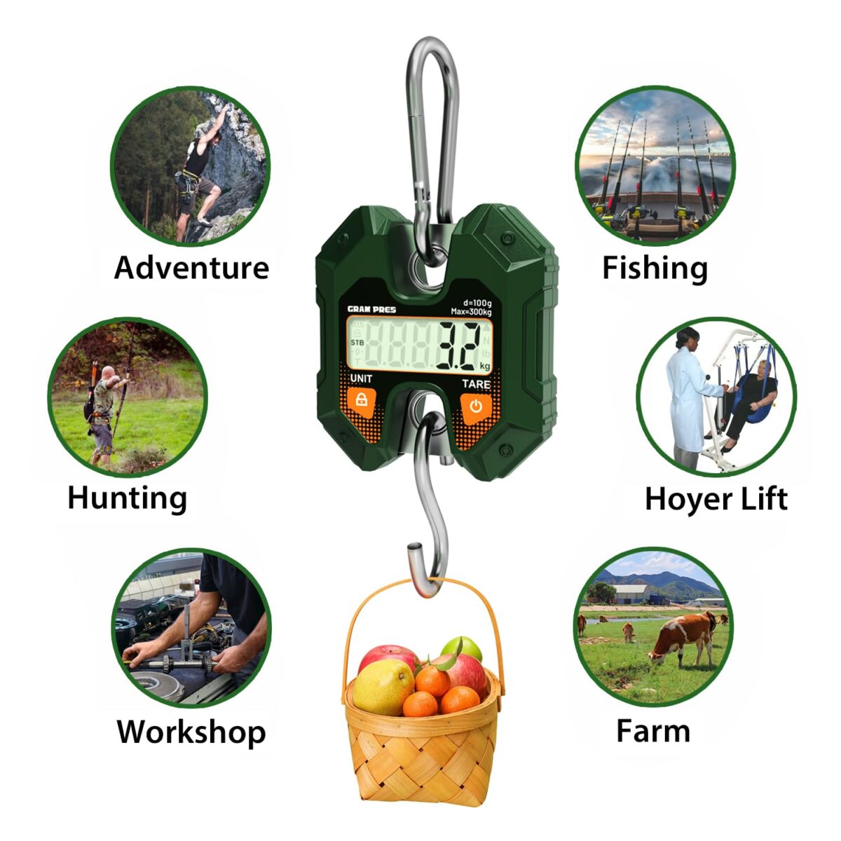 Digital Hanging Scale 660LB/300KG,Handheld Mini Crane Scale,Deer Hunting Scales,Digital Luggage Scale with Hooks for Farm，Fishing, Fish, Meat，Game,Outdoor. - Image 7