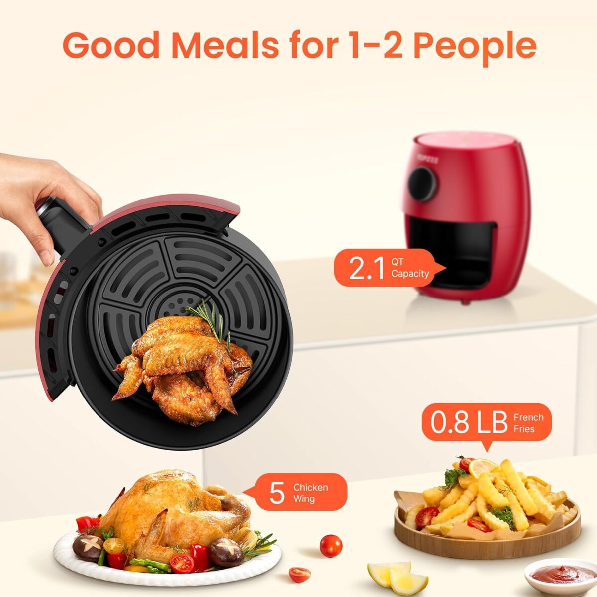 Small Compact Air Fryer, 2.1QT, 4-in-1 Small Mini Airfryer, Bake, Roast, Reheat, 98% Less Oil, Adjustable Temperature Control w/ 12H Timer, Quiet, Nonstick & Dishwasher Safe Basket, BPA-Free, Red - Image 5
