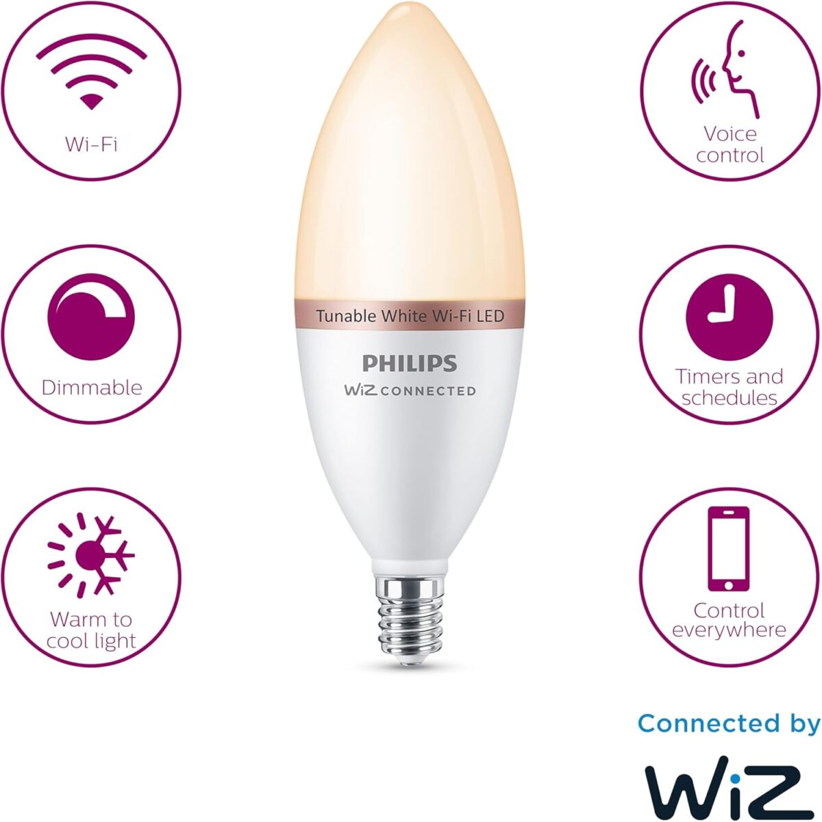 Philips 40-Watt Equivalent B12 LED Smart Wi-Fi Tuneable White Light Bulb Powered by WiZ with Bluetooth (4-Pack) - Image 4