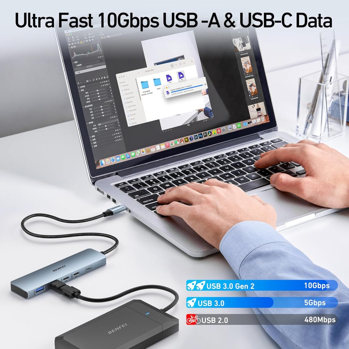 BENFEI USB C HUB 6-in-1 with HDMI(4K@60Hz), 100W Power Delivery, 10Gbps 2*USB-A and 2*USB-C, Silicone Cable, Aluminum Case Compatible with iPhone 15 Pro/Max, MacBook, iPad Pro, iMac, S23, XPS17 - Image 6