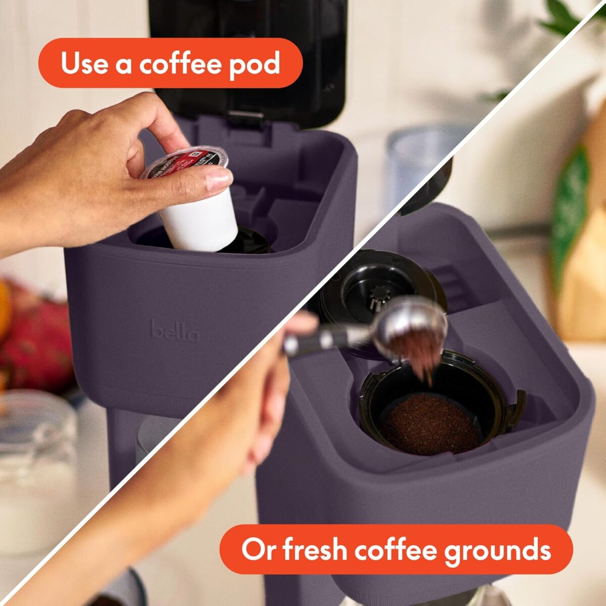 BELLA Single Serve Coffee Maker, K Cup & Coffee Ground Compatible with Removable, Adjustable Drip Tray, Auto Shutoff & Reusable Dishwasher Safe Accessories, Brews 6oz to 14oz, 1000 Watt, Plum - Image 4