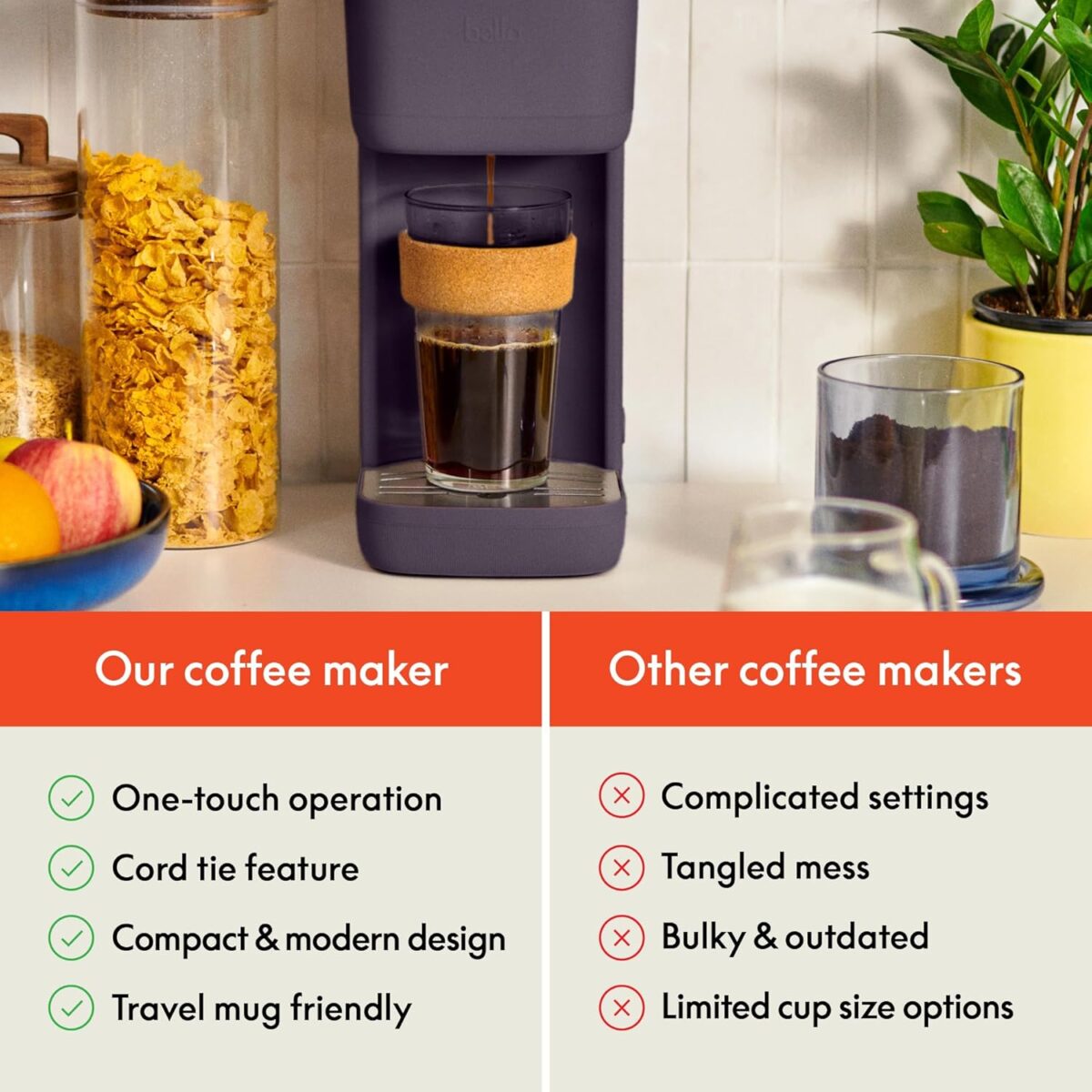 BELLA Single Serve Coffee Maker, K Cup & Coffee Ground Compatible with Removable, Adjustable Drip Tray, Auto Shutoff & Reusable Dishwasher Safe Accessories, Brews 6oz to 14oz, 1000 Watt, Plum - Image 5