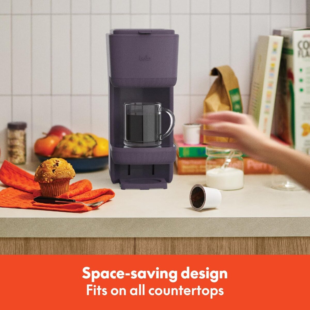 BELLA Single Serve Coffee Maker, K Cup & Coffee Ground Compatible with Removable, Adjustable Drip Tray, Auto Shutoff & Reusable Dishwasher Safe Accessories, Brews 6oz to 14oz, 1000 Watt, Plum - Image 8