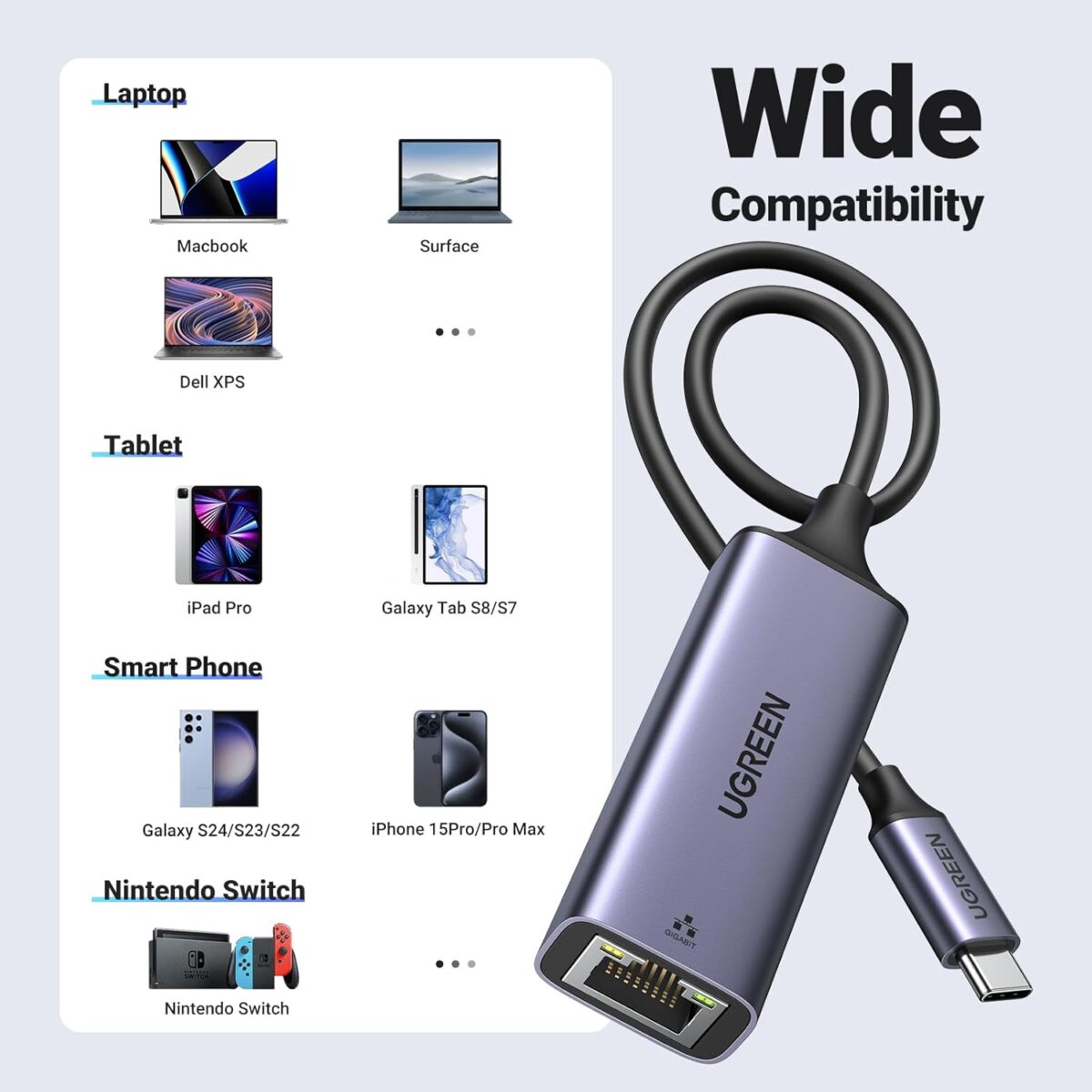 UGREEN USB C to Ethernet Adapter, 1.6FT Gigabit RJ45 to USB 3.0 Type-C (Thunderbolt 3) Ethernet LAN Network Adapter, Compatible with MacBook Pro, iPad Pro, Dell XPS and More - Image 8