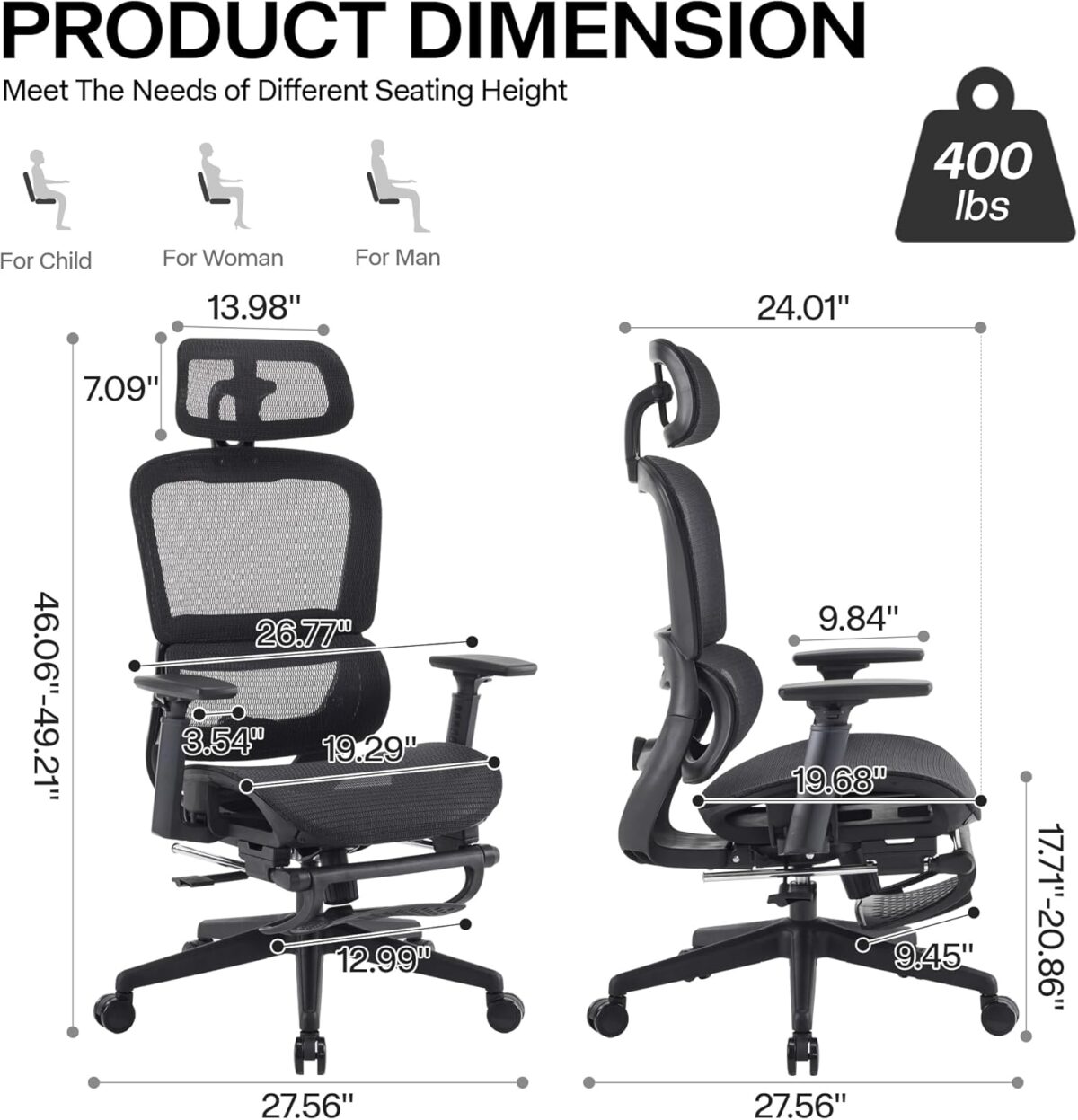 Ergonomic Office Chair, High Back Gaming Chair with Footrest,Big and Tall Home Office Desk Chair,Mesh Computer Chair with Adjustable Lumbar Support and Headrest,3D Armrests(Black) - Image 4